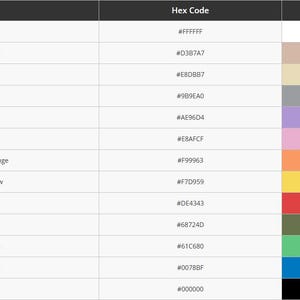May include: A color chart with 12 different colors, each with a corresponding hex code and a color swatch. The colors are ivory white, latte brown, desert tan, ash gray, lilac purple, sakura pink, mandarin orange, lemon yellow, scarlet red, dark green, grass green, marine blue, and charcoal.