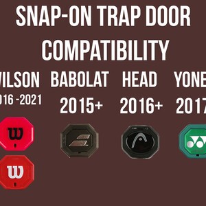 May include: A chart showing the compatibility of snap-on trap doors for different tennis racket brands and model years. The chart shows that the trap door is compatible with Wilson rackets from 2016 to 2021 and 2021+, Babolat rackets from 2015+, Head rackets from 2016+, Yonex rackets from 2017+, and Dunlop rackets from 2019+.