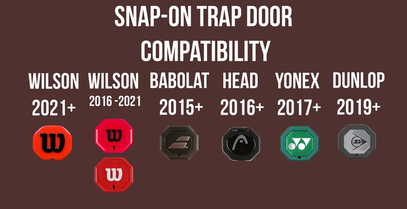 May include: A chart showing the compatibility of snap-on trap doors for different tennis racket brands and model years. The chart shows that the trap door is compatible with Wilson rackets from 2016 to 2021 and 2021+, Babolat rackets from 2015+, Head rackets from 2016+, Yonex rackets from 2017+, and Dunlop rackets from 2019+.