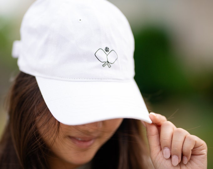 Minimalistic Pickleball Paddle Black Logo Baseball Cap in White