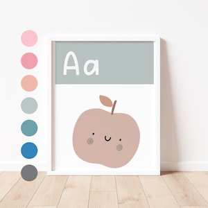 ALPHABET Print - A is for APPLE - Impresión de letras educativas para niños / Impresiones de sala de juegos / Decoración de guardería / Impresión para niños pequeños en edad preescolar