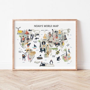 Gepersonaliseerde DIERENWERELDKAART - Children's Travel kunst aan de muur, slaapkamer, speelkamer | Naam Nursery decor | Kinderwereldkaart | Scandi Slaapkamer