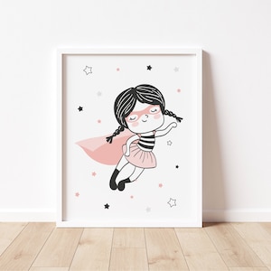 GIRL SUPERHERO - Arte mural personalizado, Dormitorio infantil, Decoración de la sala de juegos, Decoración de la guardería, estampados para la guardería, superhéroe, superestrella,