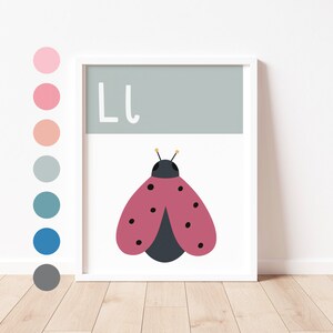 Impressão ALFABETO - L é para Joaninha - Impressão de Carta Educacional Infantil | Impressões de sala de jogos | Decoração de berçário | Impressão infantil pré-escolar