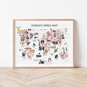 Gepersonaliseerde DIERENWERELDKAART - Children's Travel kunst aan de muur, slaapkamer, speelkamer | Naam Nursery decor | Kinderwereldkaart | Scandi Slaapkamer