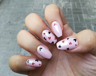 Black and red hearts decal nails, red hearts nails, red hearts stickers, cute hearts nails, hearts valentines nails, heart anniversary nails