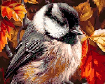 Chickadee Bead Embroidery Kit, Full Beaded Cross Stitch on Aida Fabric, DIY