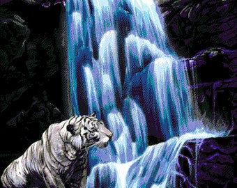 Bead embroidery kit "Tiger At The Waterfall", full coverage bead embroidery, TM Alexandra Tokareva