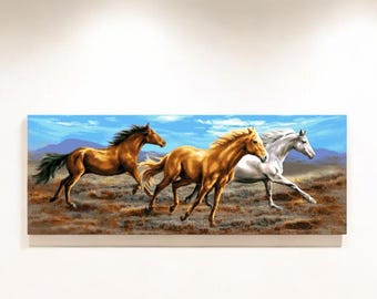Horses on The Open Plains Bead Embroidery Kit, Full Beaded Cross Stitch on Aida Fabric