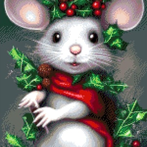 Bead Embroidery Kit &quot;Christmas Mouse&quot; – Full Beaded Cross Stitch on Aida Fabric, Art DIY beadwork kit embroidery pattern, craft kit