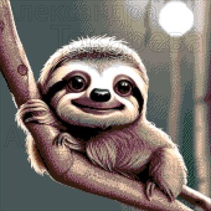 May include: A close-up of a brown and tan sloth with a big smile, hanging on a tree branch. The sloth has large, dark eyes and a small, black nose.