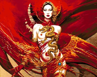 Könnte beinhalten: Eine Frau in einem roten und goldenen Gewand mit einem Drachenmuster. Sie hat langes schwarzes Haar und trägt eine Krone. Der Hintergrund ist ein roter und goldener Wirbel.
