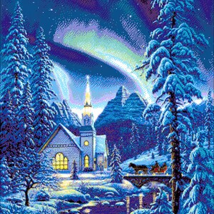 May include: A snowy winter scene with a church in the distance, a river flowing through the foreground, and a starry night sky with the aurora borealis visible.