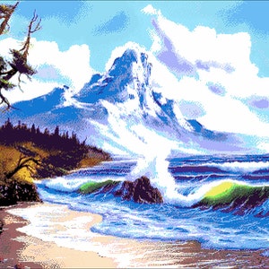 Pode incluir: Uma pintura que retrata uma cordilheira com um pico nevado, um céu azul com nuvens brancas e uma praia com ondas quebrando na costa.
