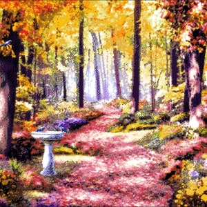 May include: A colorful autumn forest scene with a path leading through the trees. The path is lined with colorful leaves and there is a small bird bath in the foreground.