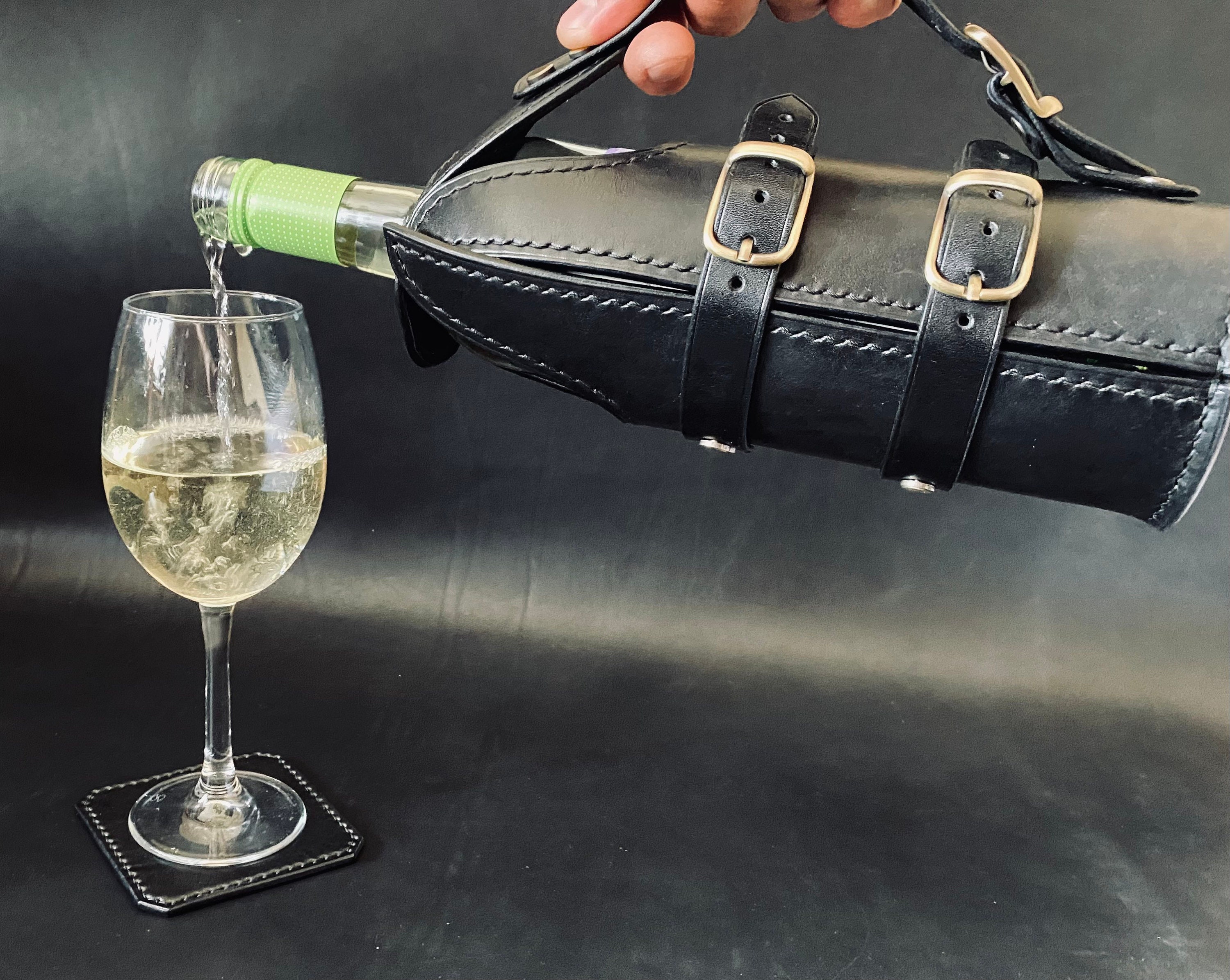 Black Personalized Wine set Leather bottle holder wine Etsy