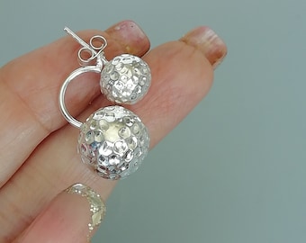 Hammered double balls ear jacket | Sterling silver | Bohemian jewelry | Dramatic earrings | E1142