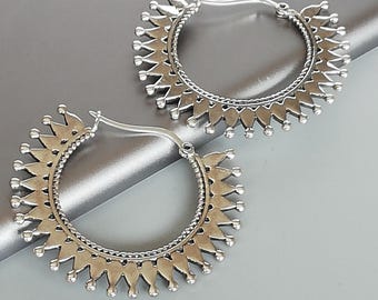 Large ear hoops | Ethnic Indian hoops | Sterling silver hoops |  44mm hoops | Dramatic hoops | Bohemian Earrings | E663