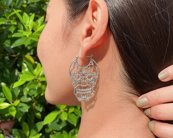 Filigree Skull Sterling Silver Hoop Earrings: Boho Halloween Jewelry Punk jewelry E985