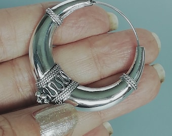 Large tibetan hoops | 40 mm silver hoops |  Thick silver hoops | Boho jewelry | Ethnic earrings  | Silver jewelry | Gift earrings | E814