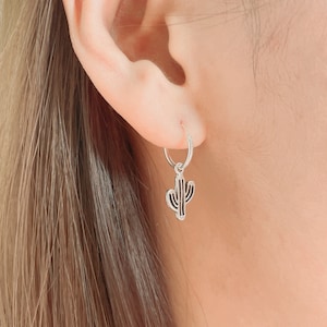 Sterling silver cactus charm hoops | Charm hoop earrings | Cactus earrings | 12mm ear hoops | Wanderlust jewelry | Boho hoops | E359