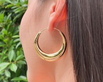Gold Dipped Sterling Silver Hoop Earrings | 40mm Chunky Crescent Hoops  | E997