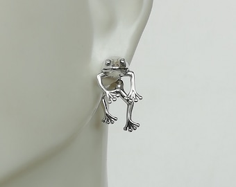 Sterling silver frog ear jacket | Double side frog ear cuff | Front back studs | Bohemian earrings | Cute gifts | Amphibian earrings | E931