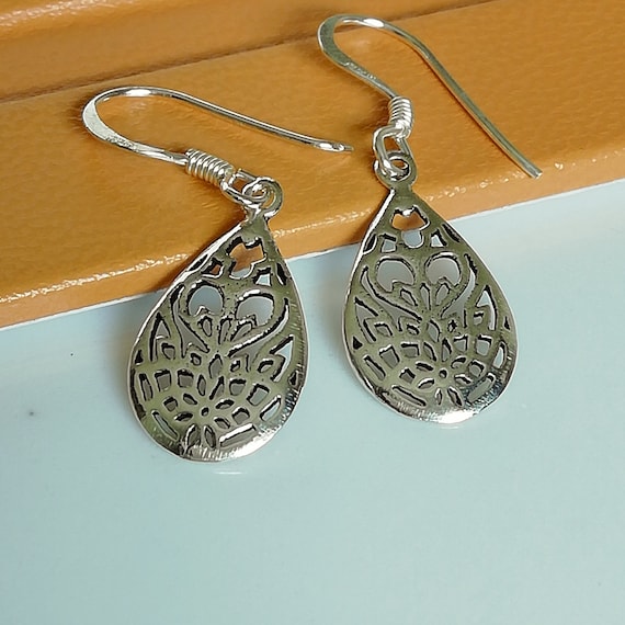 Filigreed Danglers Silver Ear Danglers Tear Drop Earrings Ethnic Earrings Minimalist Jewelry Ear Accessories E284 Etsy