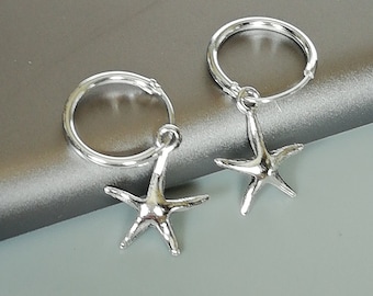 Sterling Silver Starfish Charm Hoop Earrings | Ocean Jewelry | 12mm Boho hoops | E549