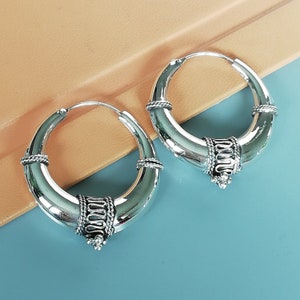 Sterling Silber tibetische Creolen | 35 mm Silber-Creolen |  Ethnische Silber Reifen | Boho Creolen | Silberschmuck | Geschenk für sie | E1021