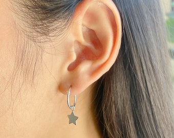 Sterling silver tiny star charm hoop | 14 mm hoop earrings | Celestial ear hoops | Bohemian jewelry | Charm hoops | Silver ear hoops | ECFI