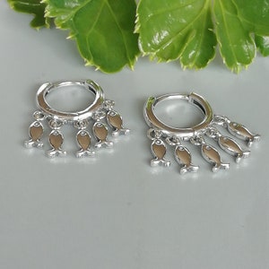 Sterling silver fish charms hoops | 12 mm hoop earrings | Fish ear hoops | Bohemian jewelry | Fun ear hoops | Silver ear hoops | E916