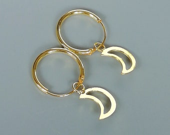 Gold crescent charm hoop | Gold plated hoops | 12 mm celestial hoops | Silver jewelry | Gold ear hoops | Minimalist hoops | E827
