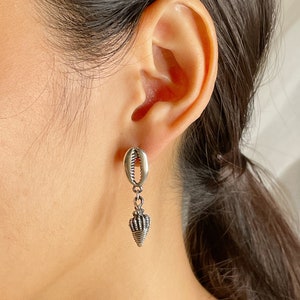 Sterling silver shell stud danglers  | Conch shell stud | Cowrie shell earring | Boho jewelry | Beach jewelry | 925 gifts | E889