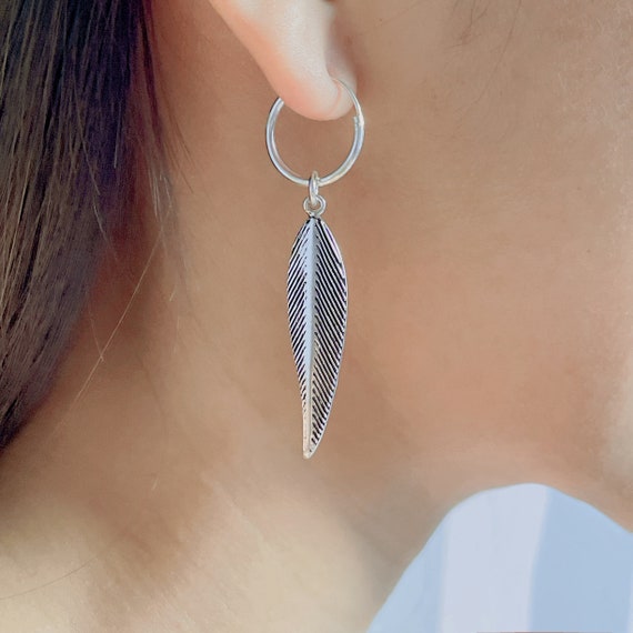 Silver leaf hoops  | Long leaf charm | 16 mm hoops | Silver jewelry | Silver ear hoops | Oxidized silver leaf | E323