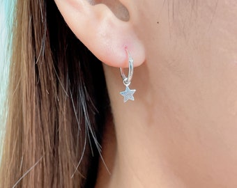 Sterling silver tiny star charm hoop | 12 mm hoop earrings | Celestial ear hoops | Bohemian jewelry | Charm hoops | Silver ear hoops | E340