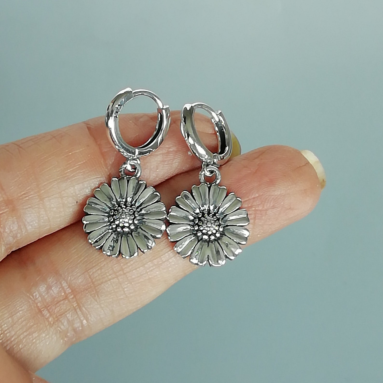 Sunflower Hoops Sterling Silver Charm Hoop Earrings Flower Etsy