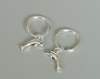 Sterling silver dolphin charm hoops | Charm hoop earrings | 12mm ear hoops | Tiny dolphin hoops | Boho jewelry | Detachable charm | E515