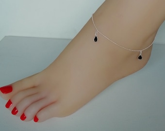 Tornozeleira com pingentes de lágrima de cristal preto | Tornozeleira com corrente de contas de prata | Tornozeleira Cz | Joias para os pés | Tornozeleira bonita | Corrente para os pés | ASSAbl