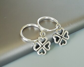 Sterling silver four leaf clover charm hoops | Small hoop earrings with charm | 12mm ear hoops | Gift for her | Silver ear hoops | E533