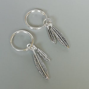 Sterling silver feathers charm hoops | Charm hoop earrings | 12mm ear hoops | Silver ear hoops | Bohemian jewelry | E344