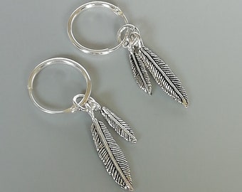 Sterling silver feathers charm hoops | Charm hoop earrings | 12mm ear hoops | Silver ear hoops | Bohemian jewelry | EFAA