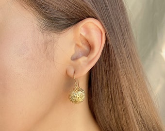 Gold filigree ball dangler | Dangle and drop earrings | Gold earrings | Sterling silver jewelry | Pretty gold earrings  | ERNF