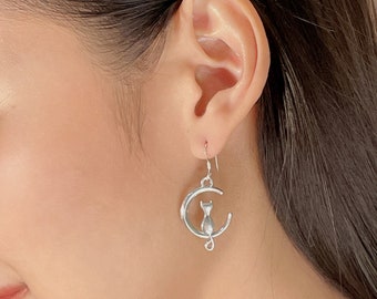 Silver cat on moon earrings  | Crescent moon and cat ear danglers | Bohemian jewelry | Fun gifts | 925 Silver jewelry | EBCL