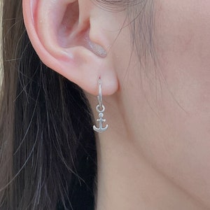 Silver anchor charm earrings | Sterling silver ear dangler hoops | Boho earrings | Minimalist jewelry | Anchor charm | E305