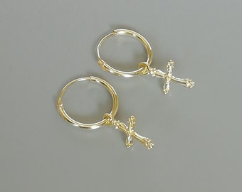 Créoles croix plaquées or | Pendentif en argent sterling, 12 mm | Créoles croisées | E303