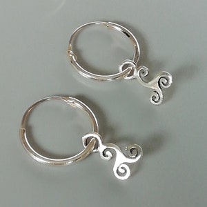 Sterling silver triskele charm hoops | Small hoop earrings with charm | 12mm ear hoops | Balancing charm | Silver ear hoops | E351