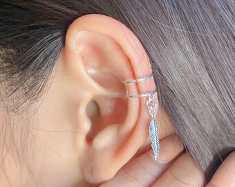 Bijou d'oreille plume en argent sterling | Manchette porte-bonheur | Bijou d'oreille Wanderlust | Bijou d'oreille ouvert | Manchette bohème | Bijoux unisexes | ECIB