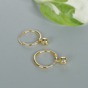 Gold plated charm hoops | Sterling silver ball charm earrings | Little girl hoops | 12mm hoops | Elegant earrings | Minimalist hoops | E824