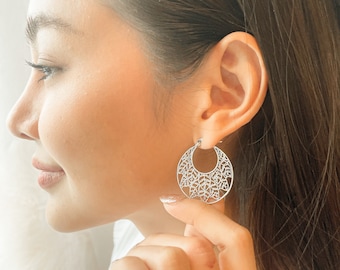 Sterling Silver Filigree Hoop Earrings | Bohemian Egyptian Jewelry | Round Ear Hoops | E850